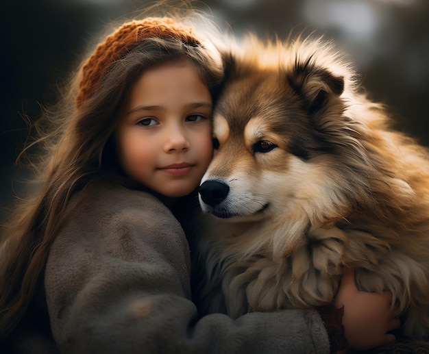 Momento encantador Niña y perro abrazados al aire libre IA generativa