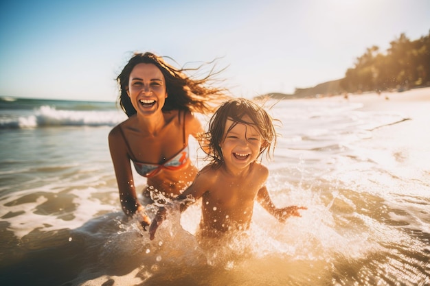 Momento entre uma mãe e sua filha enquanto eles brincam brincando no mar IA generativa