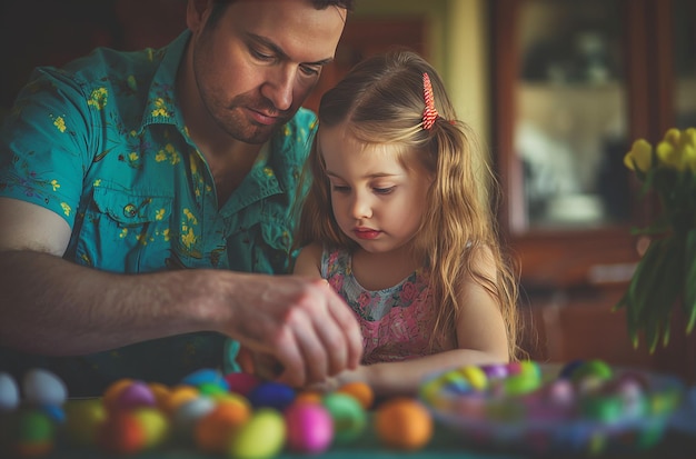 Momento familiar de decoración de huevos de Pascua