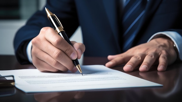 Un momento formal en los negocios Una mano firmando con gracia un documento importante con una pluma estilográfica clásica