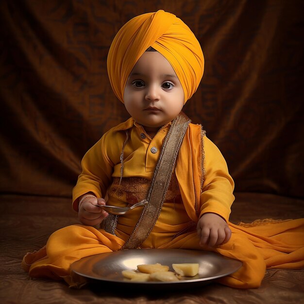 Momento genuíno Bebê Sikh Delighting em Langar