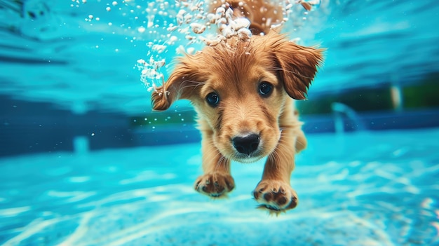 Momento gracioso capturado cachorro en la piscina hace una inmersión profunda