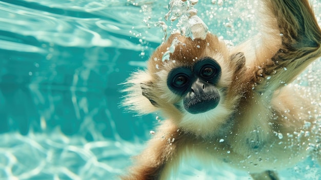 Foto momento gracioso capturado gibón en la piscina hace inmersión profunda