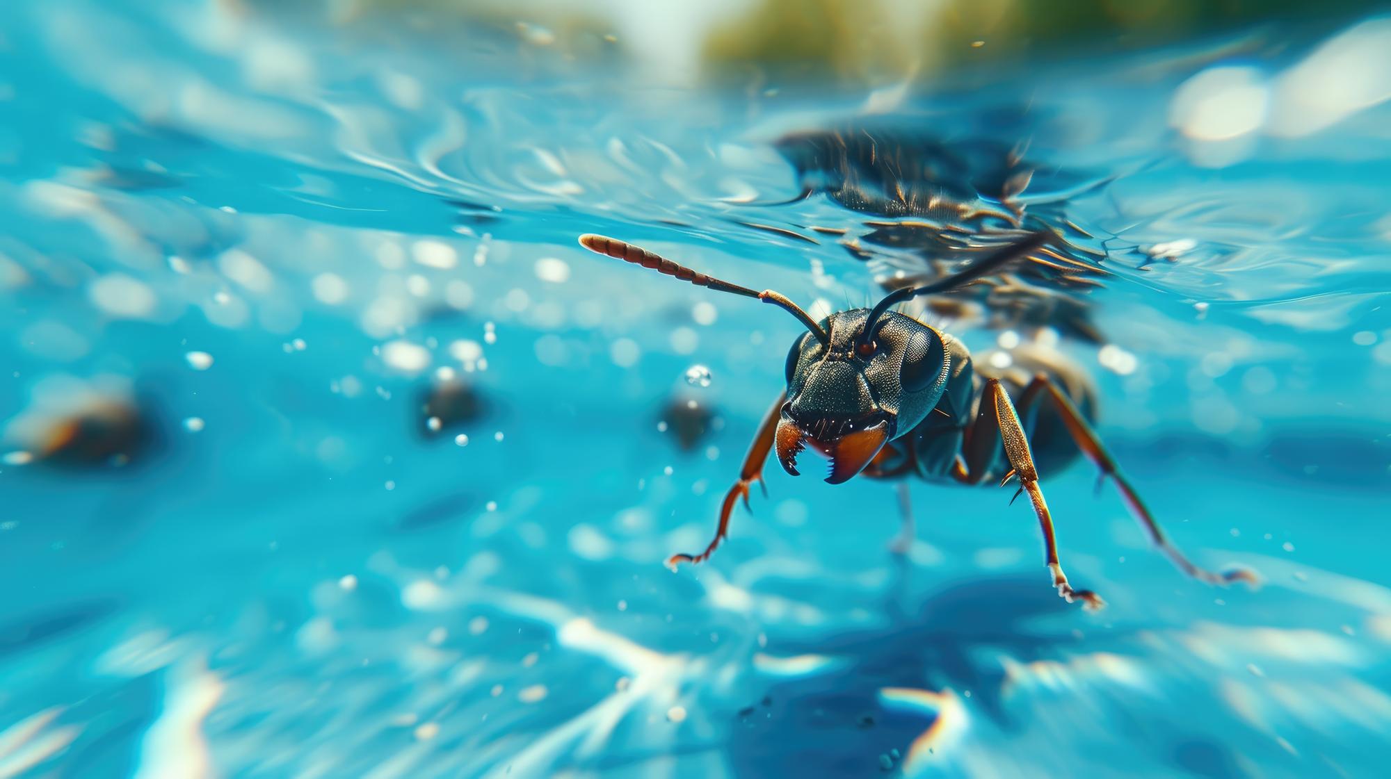 Momento gracioso capturado hormiga en la piscina hace una inmersión profunda