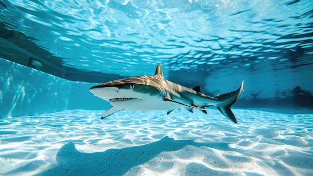 Momento gracioso capturado tiburón en la piscina hace inmersión profunda
