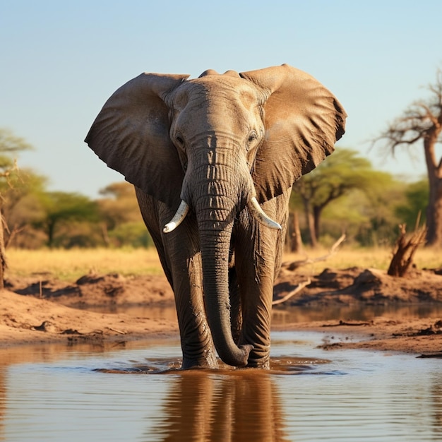 Momento gracioso elefante africano bebiendo en un oasis de pozo de agua pacíficamente para las redes sociales