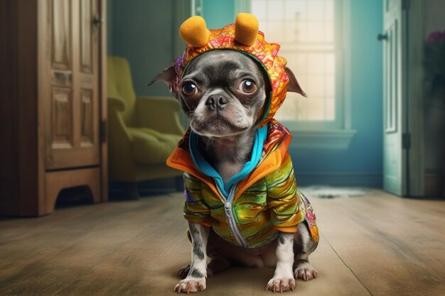 Foto momento hilarante de una mascota vestida con un disfraz