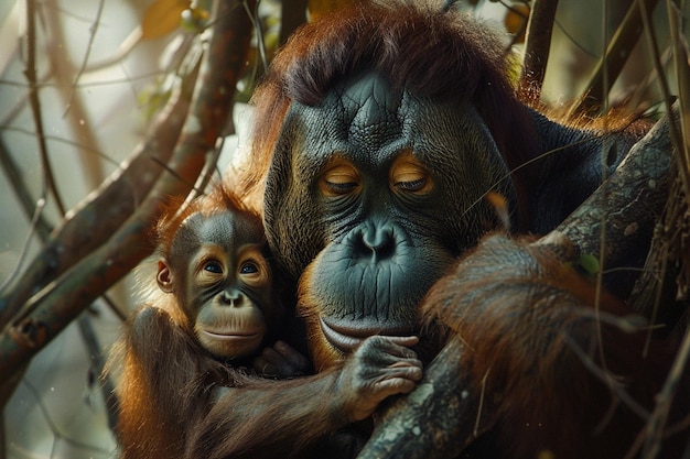 Un momento íntimo capturado como una madre orangután generativa ai