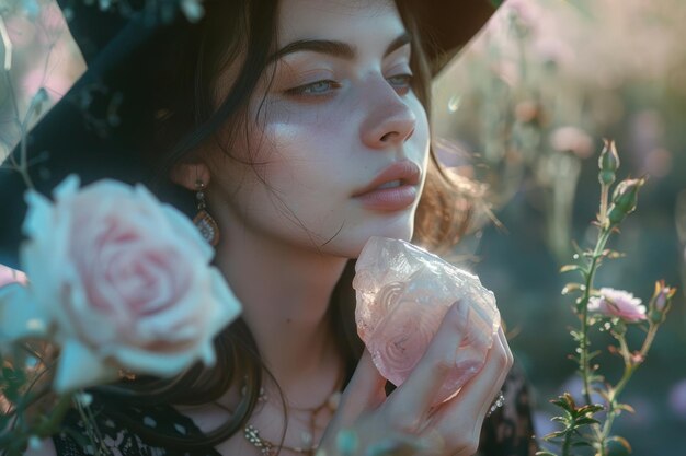 Un momento íntimo capturado cuando una bruja sostiene un pedazo de cuarzo rosa hacia el cielo el jardín a su alrededor bañado en la suave luz de Venus mejorando las piedras afinidad natural para el amor y la curación