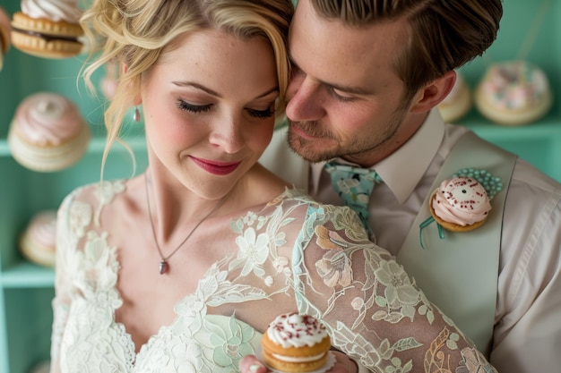 Momento íntimo de una elegante novia y novio disfrutando de dulces en su recepción de bodas