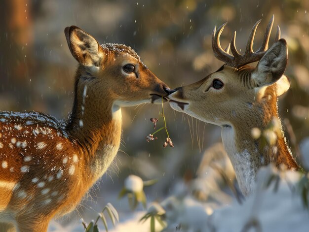 Momento íntimo entre dois cervos manchados em uma paisagem de inverno nevada iluminada pela luz dourada do sol