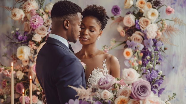 Momento íntimo entre la novia y el novio rodeados de suaves arreglos florales