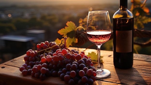 momento íntimo romántico al atardecer con vasos de vino tinto en un viñedo con botella y uvas