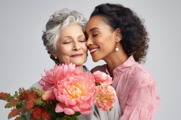 Foto momento íntimo uma mulher abraça calorosamente sua mãe segurando um buquê contra um fundo claro