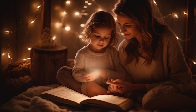 Un momento de una madre y un niño acurrucados juntos leyendo un libro Día de la Madre