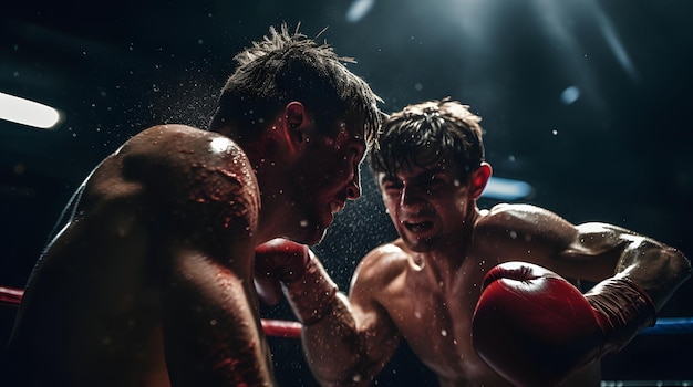 Momento del partido de boxeo con un golpe decisivo de nocaut