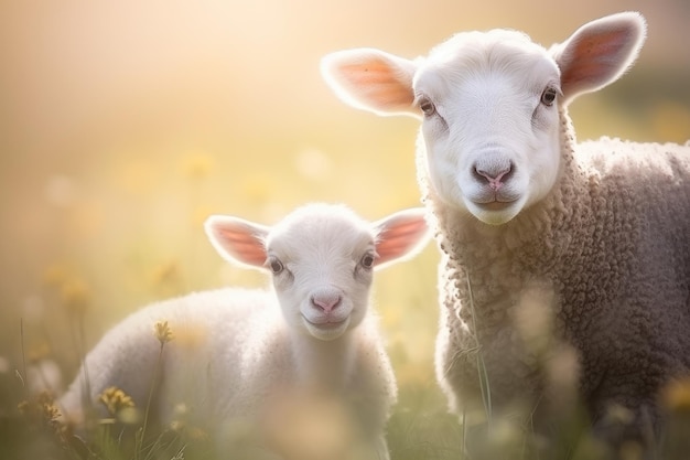 Foto momento pastoral sereno una madre oveja y su cordero al anochecer ia generativa