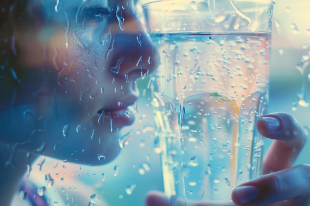 Foto un momento de paz es capturado cuando una mujer está de pie frente a una ventana con un vaso de agua con una expresión serena en su cara