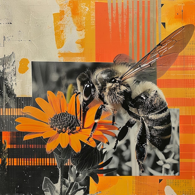 El momento de la polinización de la abeja y la flor en el collage de arte contemporáneo