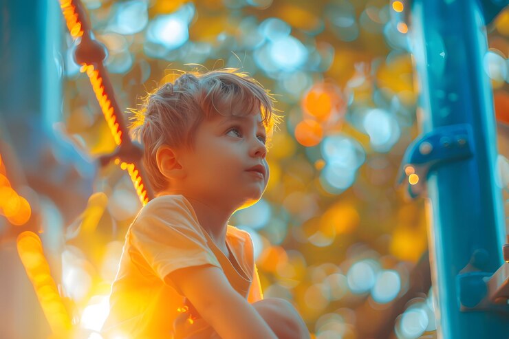 Un momento de reflexión Un niño mira hacia arriba en un patio de recreo iluminado por el sol