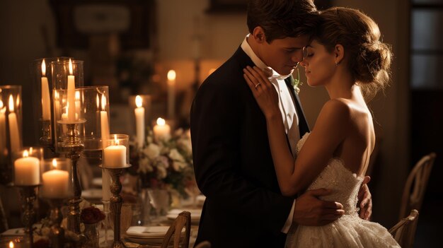 Un momento robado cuando la pareja roba un beso durante su elegante recepción a la luz de las velas