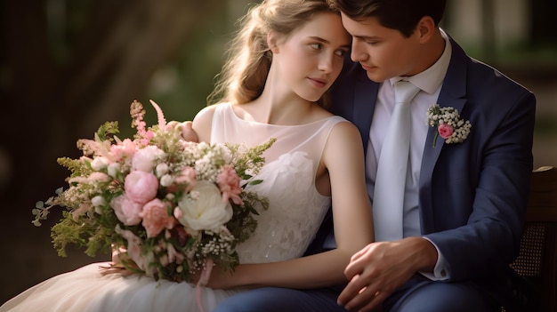 Momento romántico de la boda con ramo de novia destacado