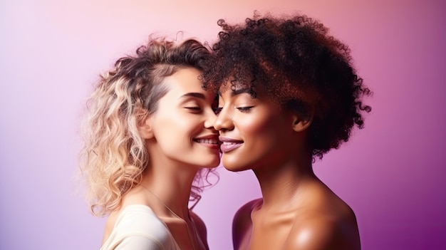 Un momento romántico capturado en un estudio dos mujeres compartiendo un beso en un fondo vívido