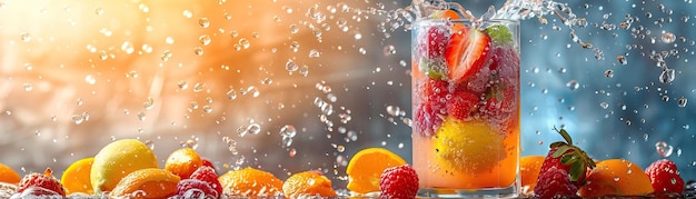 Un momento de salpicaduras dinámicas capturado cuando las frutas caen en un vaso alto de batido