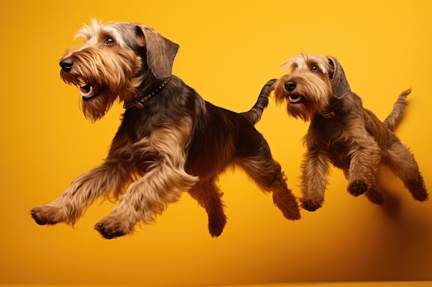 El momento de saltar dos perros Otterhound en fondo amarillo