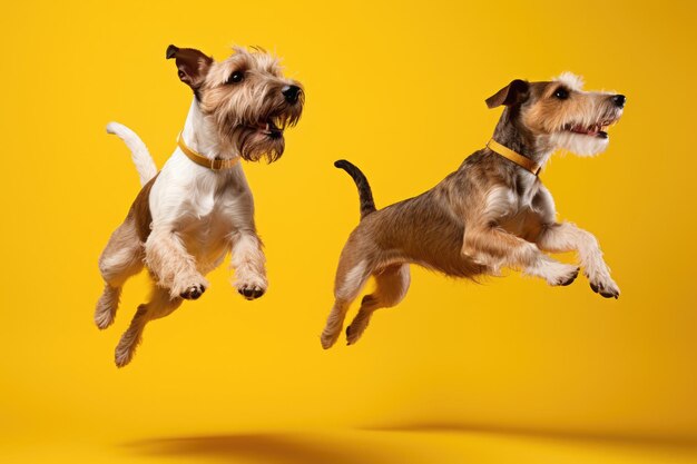 Momento de salto dos perros americanos de pelo duro sobre fondo amarillo