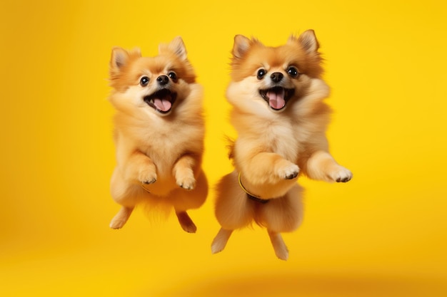 Momento de salto Dos perros de Pomerania en un fondo amarillo