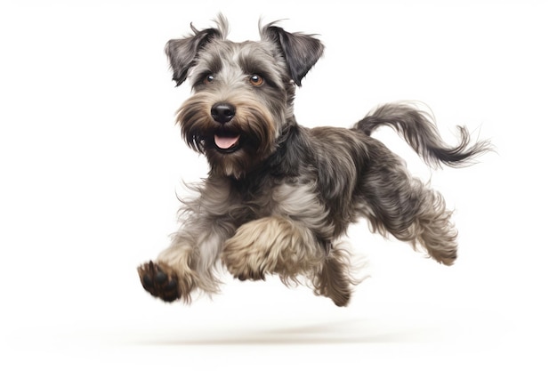 Momento de salto Perro Schnoodle sobre fondo blanco.