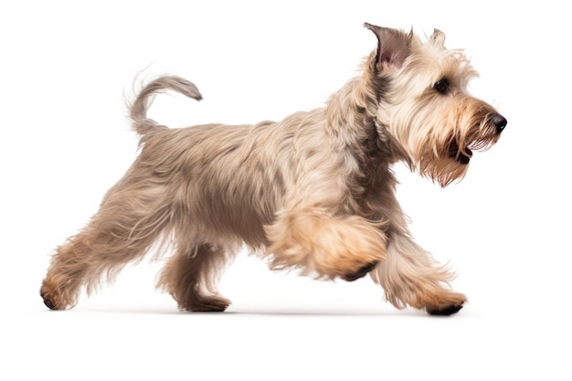 Foto momento de salto del valle del perro terrier imaal en fondo blanco