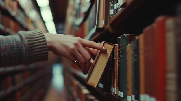 Momento serendipito entre dois estranhos no ambiente silencioso de uma biblioteca quando suas mãos inadvertidamente se tocam enquanto alcançam um livro