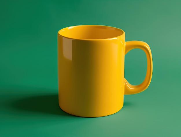 Un momento de serenidad una taza de café amarillo brillante de pie en un cubo verde iluminado por suave