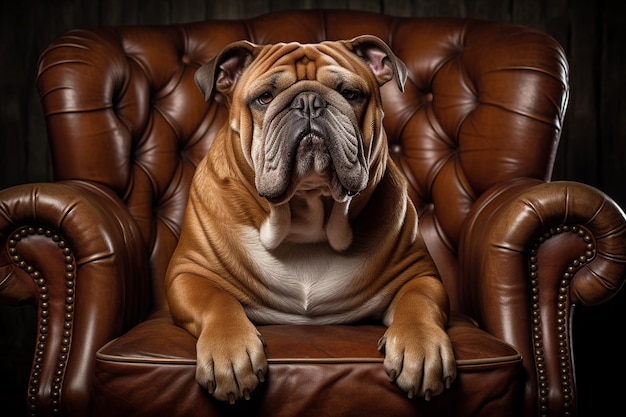 Foto un momento sereno de bull dog en una silla de cuero vintage generativa de ai