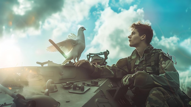Momento sereno cuando el soldado interactúa con la paloma contra el fondo del cielo un símbolo de paz en la imagen militar evocadora y conmovedora adecuada para diversas aplicaciones AI