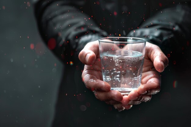 Un momento sereno de hidratación Manos apretando un vaso de agua con reflejos de luz brillantes