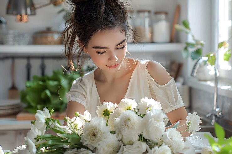 Un momento sereno Una joven arreglando flores blancas en una cocina brillante