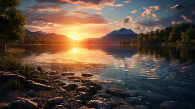 Un momento sereno mientras la puesta de sol refleja sus tonos en el agua tranquila generada por Ai.