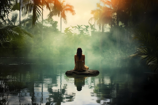 Un momento sereno de reflexión junto a la orilla del agua con un fondo tropical realista