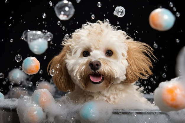 Foto un momento de spa relajante de maltipoo39s con espuma y burbujas generativas de ai