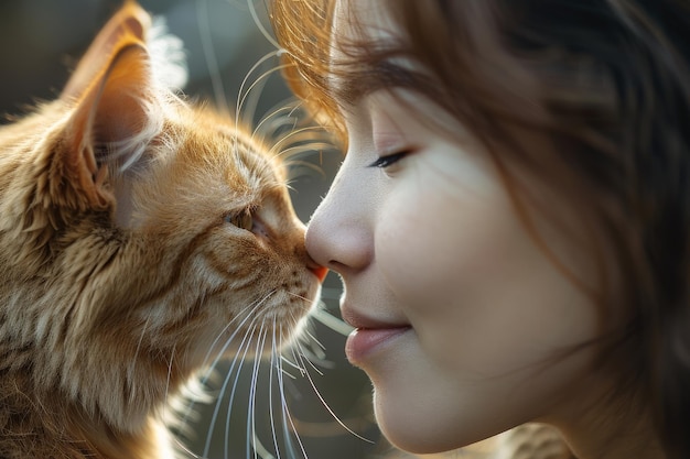 Momento suave entre una mujer y un gato rojo