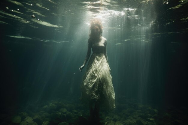 Un momento surrealista bajo el agua con una mujer elegantemente vestida las corrientes balanceando suavemente su ropa evocando una sensación de tranquilidad y equilibrio