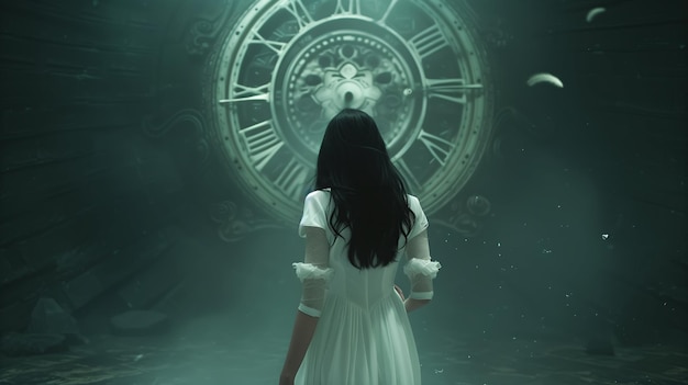 Momento surrealista de una mujer de pie frente al reloj Generative Ai