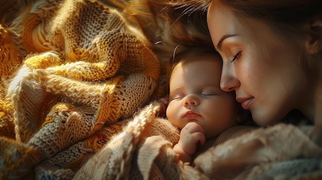 Foto momento terno capturado entre uma mãe amorosa e seu recém-nascido adormecido