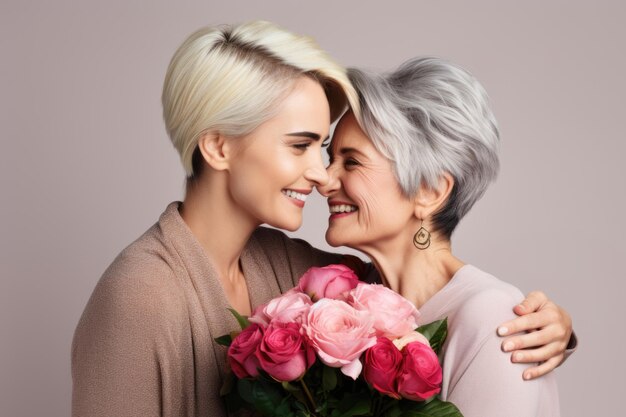 Momento terno congelado no tempo uma mulher de 30 anos abraça sua mãe de 55 anos ambos sorrindo cercados por um buquê de flores contra um fundo claro