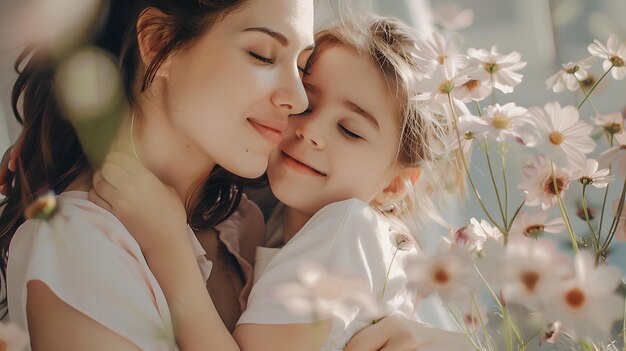 Momento terno de afeto entre mãe e filho em um campo de flores ensolarado retrato familiar íntimo capturando amor e cuidado cena natural suave e serena para conteúdo comovente ai