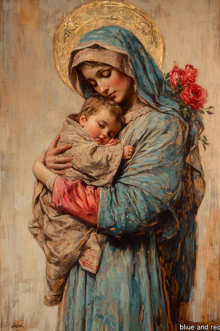 Momento terno de uma mãe e filho abraçando adornados em tecidos macios com rosas no fundo c