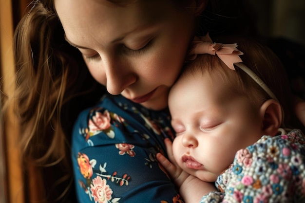 Un momento de ternura entre la madre y el bebé dormido en un cálido abrazo